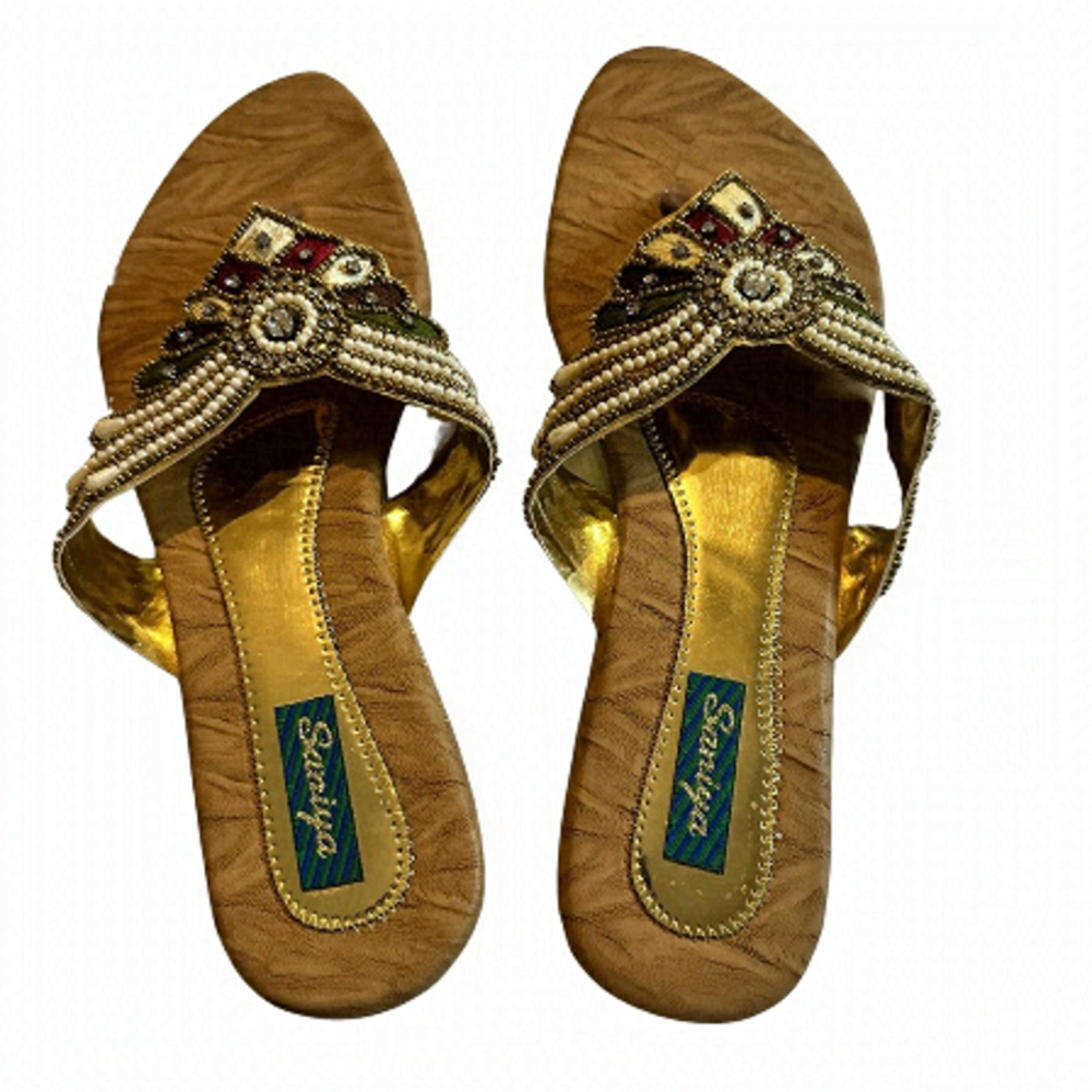 Saniya Women’s Beaded Rhinestone Embroidered Tan Gold Sandals EU 42 US 11